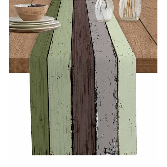 Sage Green Grey Table Runner Cotton Linen 36 Inch Holiday Dresser Scarves, Vintage Stripe Farmhouse Wood Grain Tablerunner for Kitchen Coffee Dining Bedroom Living Room Dinner Scarf Décor 13''x36''
