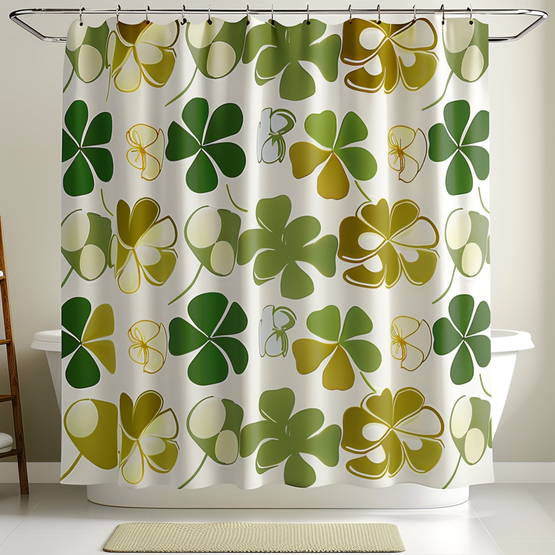 Retro Green and Gold Shamrock Shower Curtain 70s Style Bathroom Decor