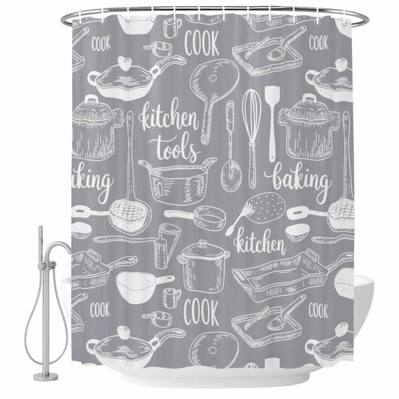 Retro Grey White Shower Curtain for Bathroom, Kitchen Forks Spoons Boiler Simple Lines Waterproof Cloth Fabric Bathroom Accessories Set with 9 Rust Proof Plastic Hooks, 36"x72"