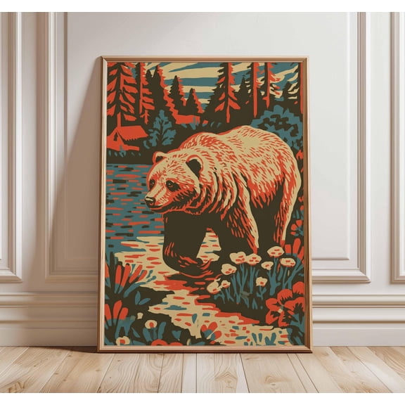 Retro Grizzly Bear Print Wilderness Cabin Lodge Wall Art