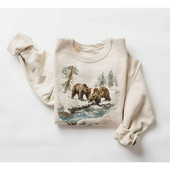 Retro Grizzly Bears Wilderness Scene Sweatshirt - Nineties 90s Vintage Brown Bear Outfit - Boho Unisex Crewneck Sweatshirt - Sizes S-5XL ,Art Print JSC