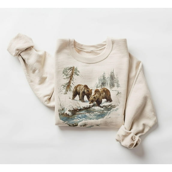 Retro Grizzly Bears Wilderness Scene Sweatshirt - Nineties 90s Vintage Brown Bear Outfit - Boho Unisex Crewneck Sweatshirt