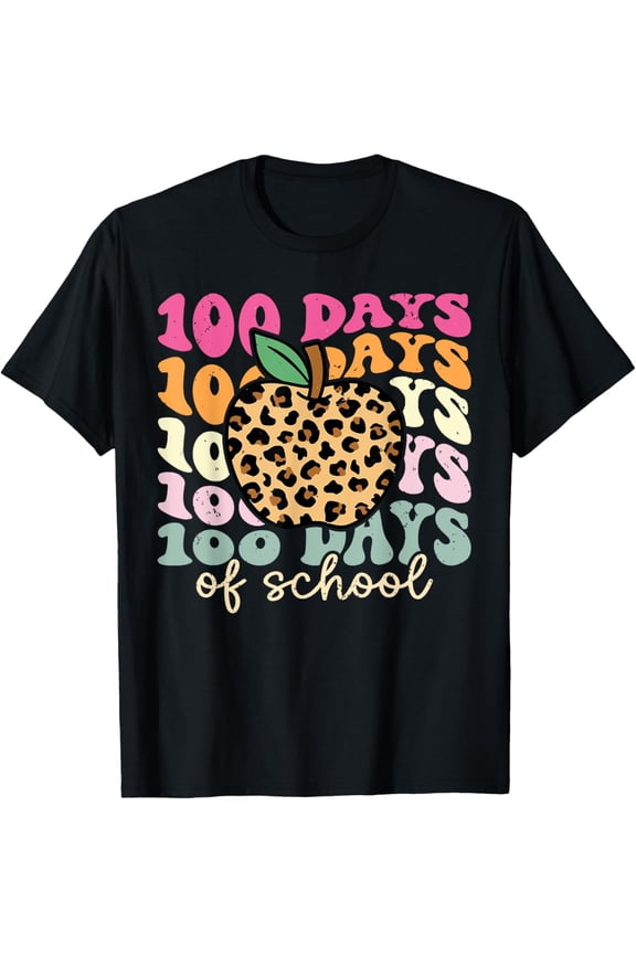 Retro Groovy 100 Days of School Teacher T-Shirt Leopard Print Apple Graphic Tee Vintage Aesthetic Celebration Top