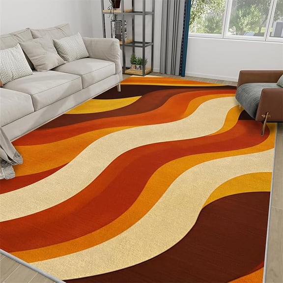 Retro Groovy Abstract Colourful Wavy Shapes Design Mid Century Modern Rugs For Living Room Bedroom, Orange Soft Washable Non Slip Boho Indoor Outdoor Carpet Mats 4' x 6'