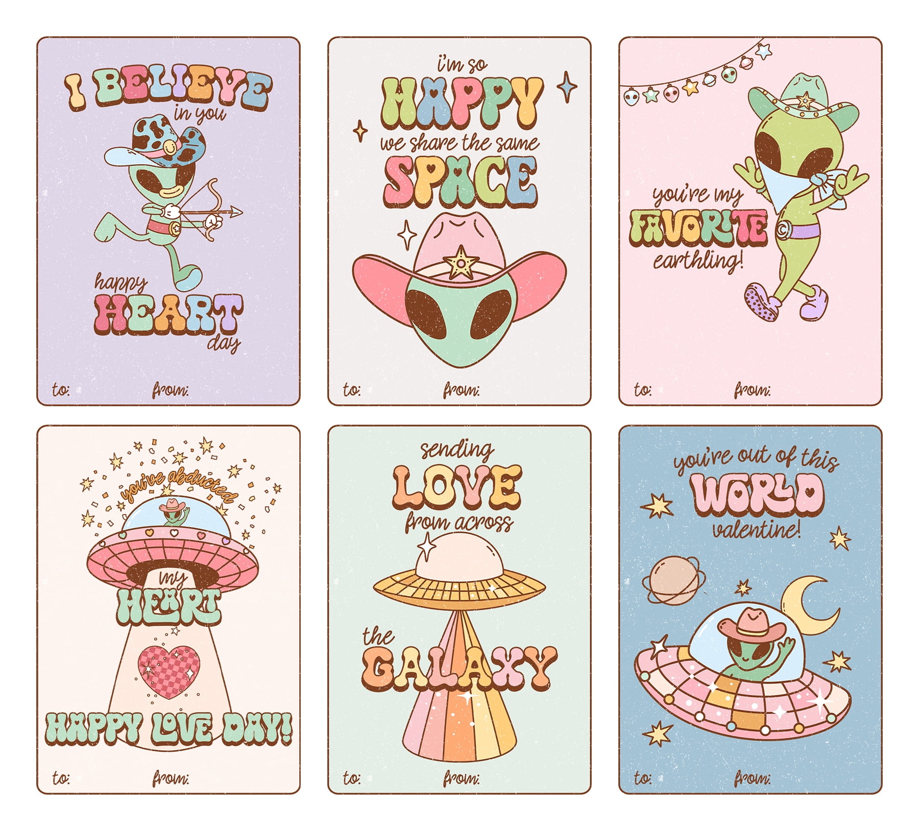 Retro Groovy Alien Valentine's Day Classroom Sharing Card Set of 24 ...