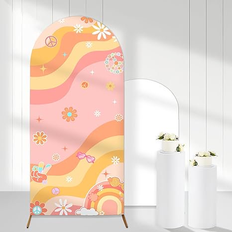 Retro Groovy Arch Backdrop Covers, 6 Ft Stretchy Arch Backdrop Stand Covers, Hippie Daisy Flower Photography Background Arch Stand Covers for Birthday Baby Shower Wedding Party Decor