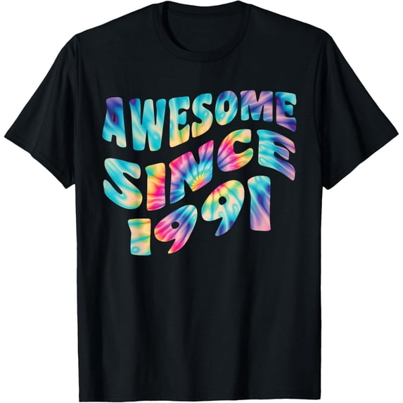 Retro Groovy Awesome Since 1991 Tie Dye Style 33rd Birthday T-ShirtMen and women, Black T-shirt, size: Extra large S-4XL