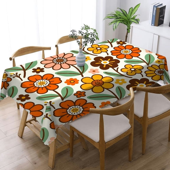 Retro Groovy Colorful Flowers Rectangular Tablecloth, Holiday Party Tablecloth - Festive Table Setting Tablecloths for dining table, Cafe, dinner,  picnic