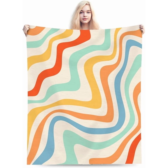 Retro Groovy Colorful Geometric Throw Blanket, Soft Cozy Flannel