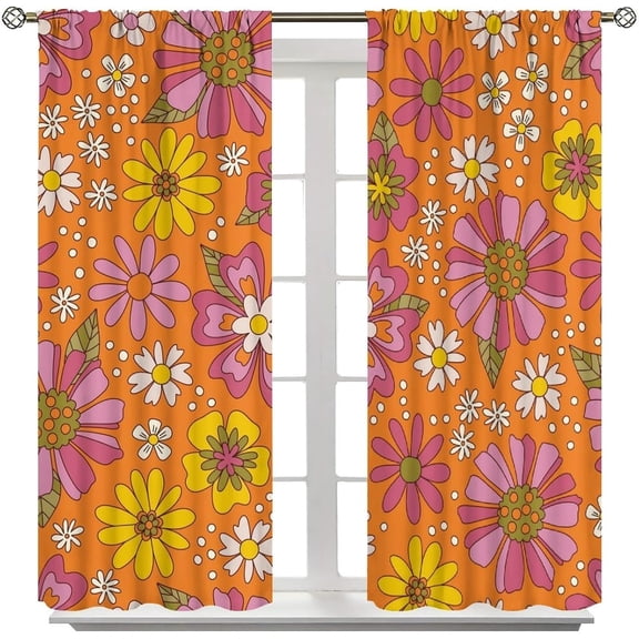 Retro Groovy Floral Curtains Hippie Summer Orange Flowers Pattern Print Decor Rod Pocket Window Drapes for Bedroom Living Room 26"W x 45"L (Pack of 2)