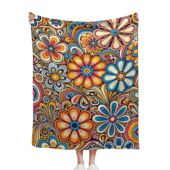 Retro Groovy Floral Print Vintage 70s Style Psychedelic Eclectic Flowers Design Gift Lightweight Cozy Soft Flannel Throw Blanket 50x60 inches for Couch, Bed, Living Room, and Travel