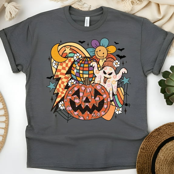 Retro Groovy Halloween Shirt with Ghost and Pumpkin Design, Dark Heather, Size 2XL