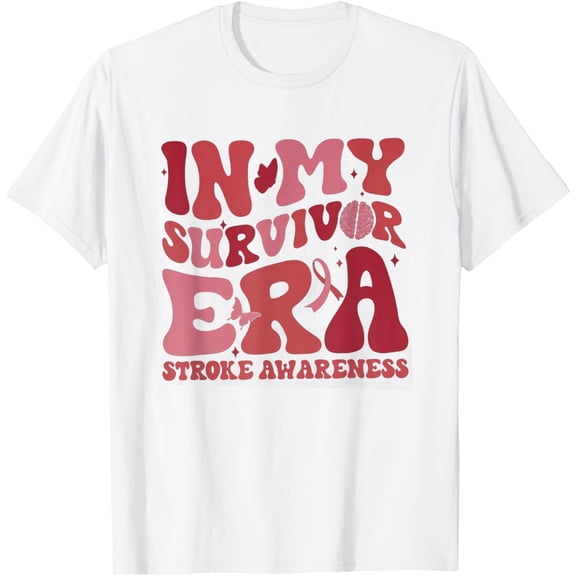 Retro Groovy In My Survivor Era Red Ribbon Stroke Awareness T-Shirt