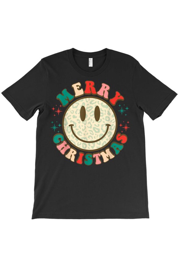 Retro Groovy Leopard Smile Face Funny Vintage Christmas Holiday Graphic H4934 Unisex T-Shirt, Up to 5XL Available