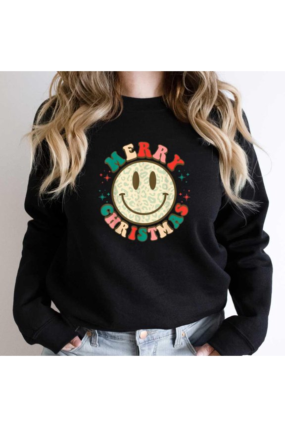 Retro Groovy Leopard Smile Face Funny Vintage Christmas Holiday Graphic SW15829 Unisex Sweatshirt, Up to Size 5XL