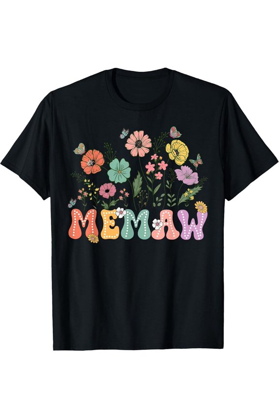 Retro Groovy Memaw T-Shirt, Cute Colorful Floral Butterfly Design, Vintage Grandmother Gift for Mother's Day, Women's Apparel