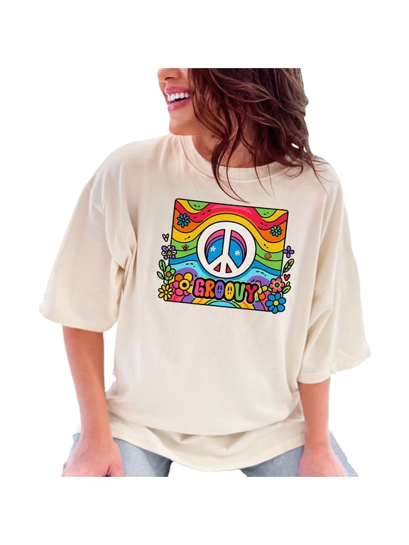 Retro Groovy Peace Sign T-Shirt, Colorful 70s Hippie Graphic Tee, Vintage Flower Power Design Unisex Shirt, Fun Festival Wear, Ivory Comfort Colors T-Shirt, Medium