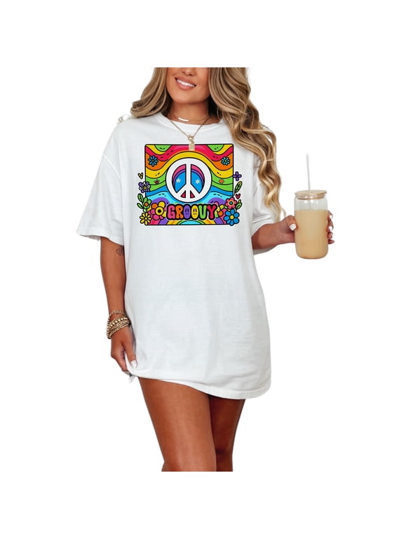 Retro Groovy Peace Sign T-Shirt, Colorful 70s Hippie Graphic Tee, Vintage Flower Power Design Unisex Shirt, Fun Festival Wear, White Comfort Colors T-Shirt, XL