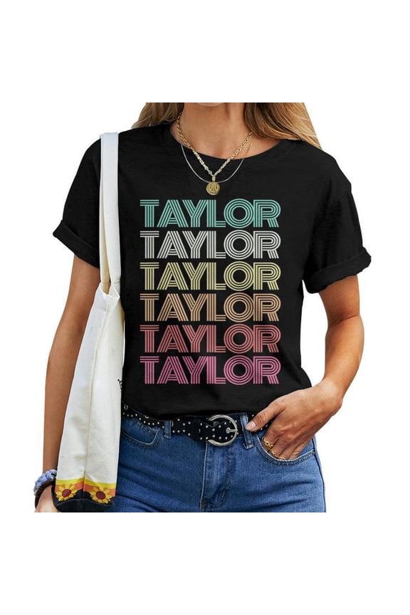 Retro Groovy Personalized First Name Taylor Graphic Cotton Tee Women Adult Casual Family Name Comfortable T-Shirt for Everyday Wear, Size 2XL, Color Black