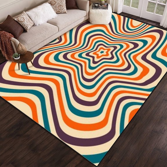 Retro Groovy Psychedelic Wavy Background Area Rug Outdoor Patio Rug Play Mat Modern Floor Carpet Non-Slip Home Decor Living Room Kids Bedroom 2x3ft