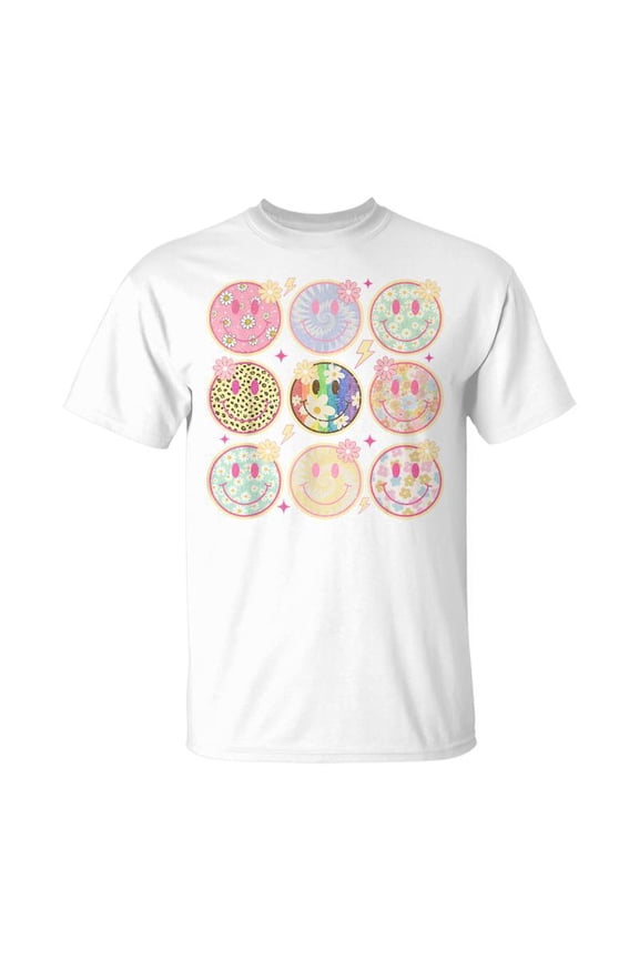 Retro Groovy Smile Face Flower Happy Face Checkered Pattern T-Shirt