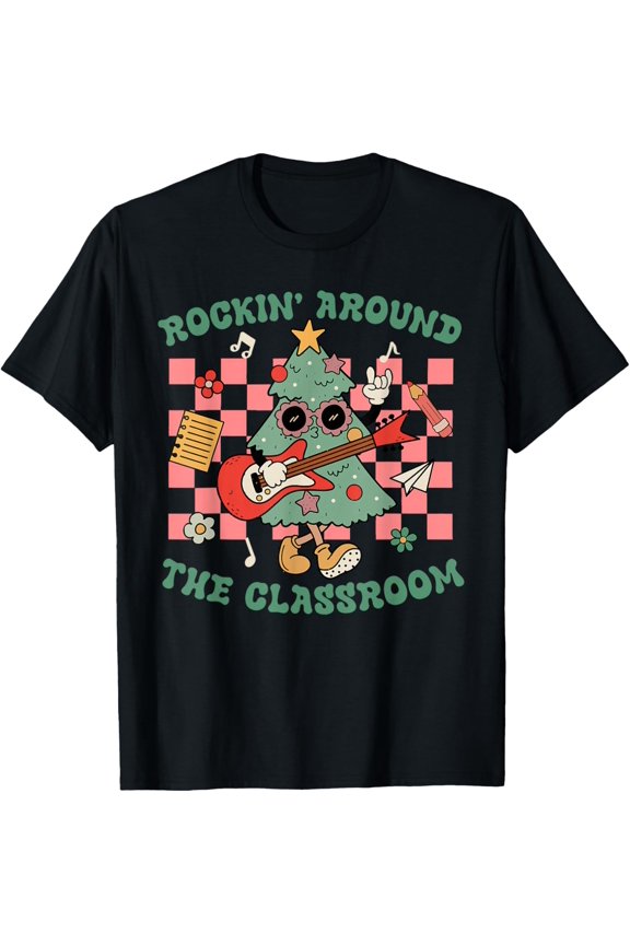 Retro Groovy Teacher Christmas Rockin' Around The Classroom Adult T-shirt