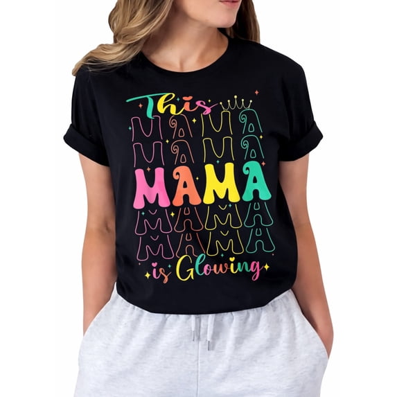 Retro Groovy This Mom is Glowing Mommy Graphic T-Shirt for Women, Casual Short Sleeve Crew Neck Tee