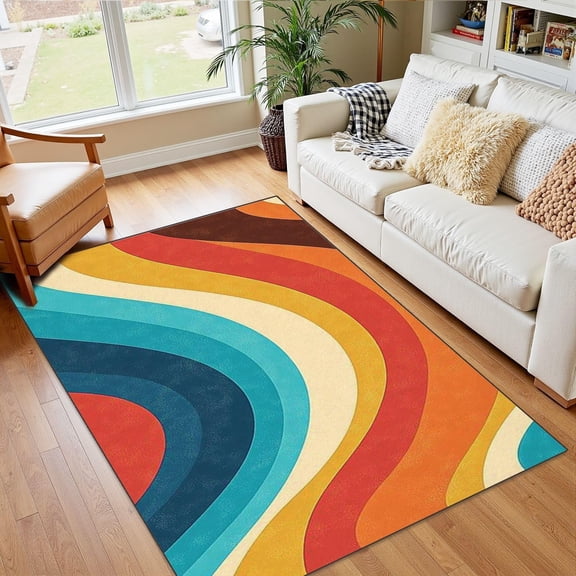 Retro Groovy Wavy Area Rug, Abstract Colorful Pattern Carpet, Washable Non Slip Low Pile Soft Thin, Living Room Bedroom Bathroom Home Decor Mat 3x4ft