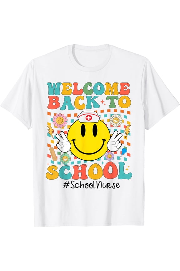 Retro Groovy Welcome Back To School Shool Nurse Smile Face T-Shirt Size S-5XL