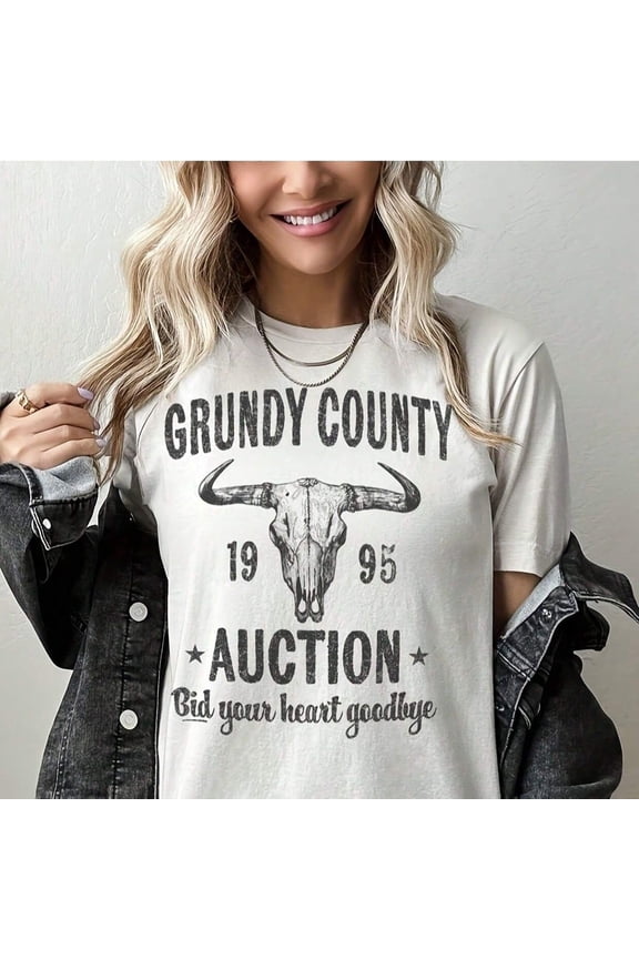 Retro Grundy County Auction 1995 T-Shirt Vintage Bull Skull Graphic Tee Western Country Music Inspired Top Casual Short Sleeve Apparel for Women and Men