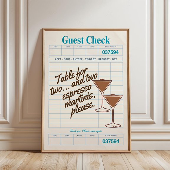 Retro Guest Check Espresso Martini Wall Art, Unframed Paper Print Size 8x12