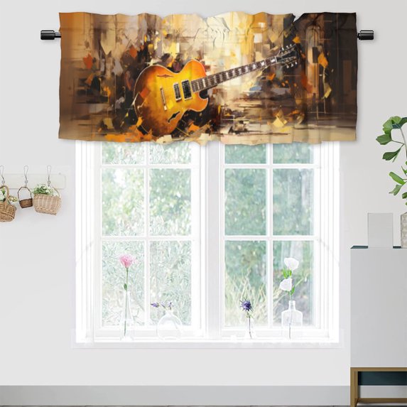 Retro Guitar Kitchen Valance Curtains Abstract Guitar Vintage Musical Window Valance for Living Room Bedroom, Kitchen Valance Rod Pocket Window Decor Curtain 54 by 18 in, 1 Panel
