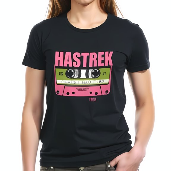 Retro HASTREK Graphic Cotton Short Sleeve T-Shirt with Cassette Tape Design in Pink & Green - Vintage Music Aesthetic
