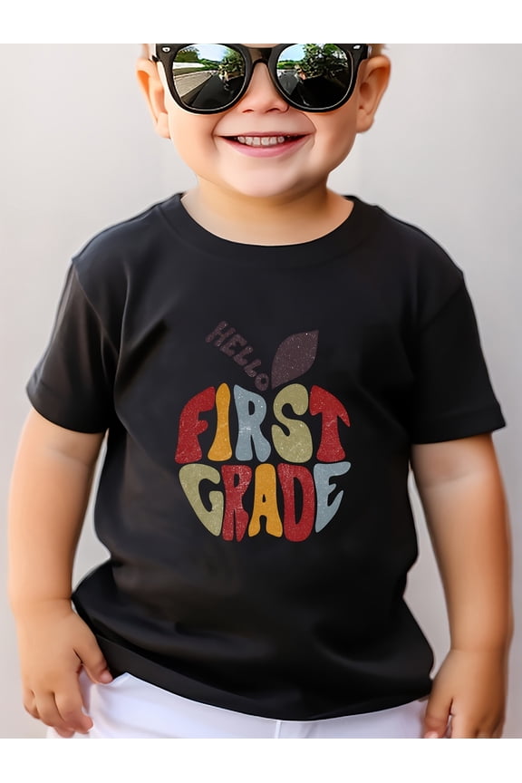 Retro HELLO FIRST GRADE Apple Print Short Sleeve Boys' Casual T-Shirt