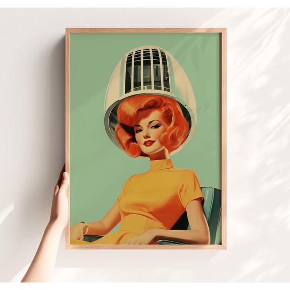 Retro Hair Salon 1960s Woman Under Dryer Wall Decoration, Unframed Paper Poster 8x10in