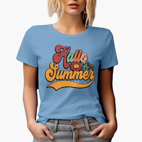 Retro Hallo Summer Typography, Baby Blue T-Shirt, Large