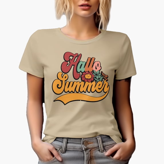Retro Hallo Summer Typography, Tan T-Shirt, 2XL