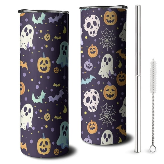 Retro Halloween 20oz Skinny Tumbler - Black Cat Pumpkin Art Triple Insulated Stainless Steel Mug