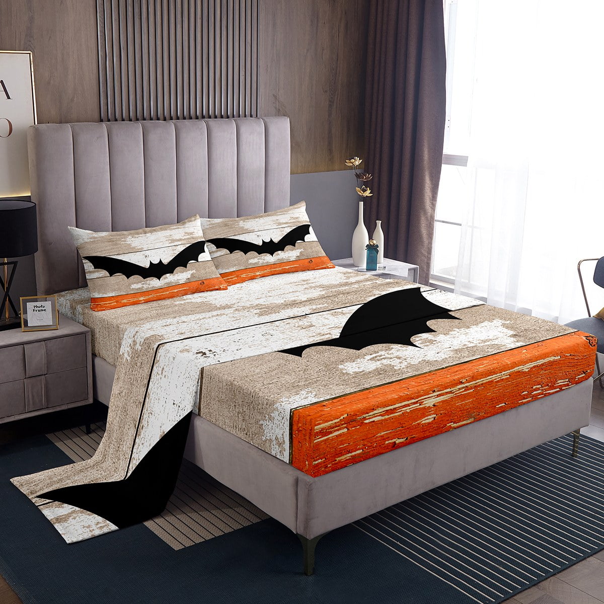 Retro Halloween Bed Sheets Set Twin, Black Bat Sheet Set For Adults