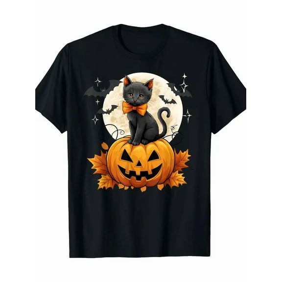 Retro Halloween Black Cat Pumpkin Outfit Creepy Holiday Unisex T-Shirt, for men & women, up to size 5XL