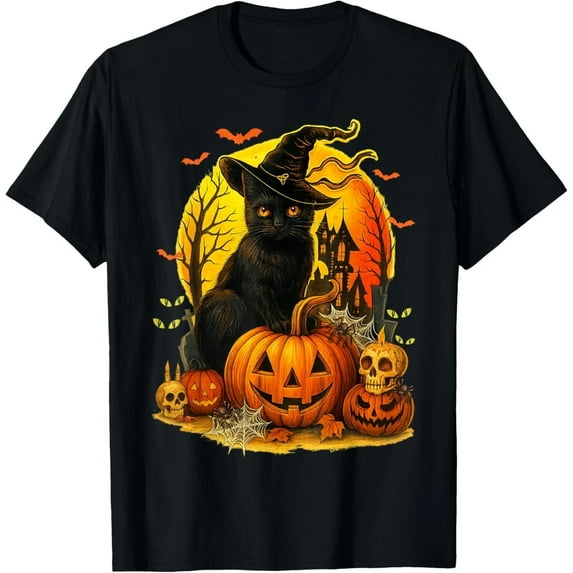 Retro Halloween Black Cat Witch and Pumpkin Unisex T-Shirt
