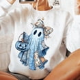 thumbnail image 1 of Retro Halloween Blue Denim Ghost Sweatshirt, Trendy Patchwork Spooky Ghost Sweatshirt, Cute Boo Ghost Coquette Sweatshirt, Fall Pumpkin Sweatshirt, Spooky Season Sweatshirt, 1 of 5