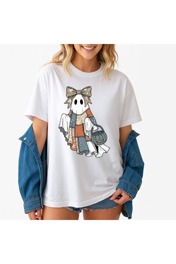 Retro Halloween Blue Denim Ghost Trendy Patchwork Spooky – T-Shirt, Hoodie & Sweatshirt – Halloween Theme – Celebrating