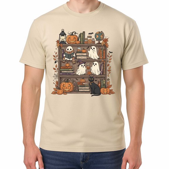 Retro Halloween Bookshelf Boo Ghost Reading Book – T-Shirt / Hoodie / Sweatshirt – Halloween Enthusiasts – Fall Season Wear