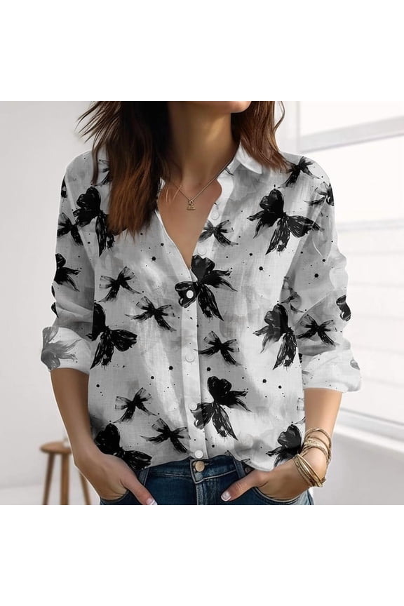 Retro Halloween Bow Linen-Look Shirt, Black Bows Shirts For Women, Gothic Blouse Shirt, Spooky Button Shirt, Halloween 2025 Gift, Button Up Shirt