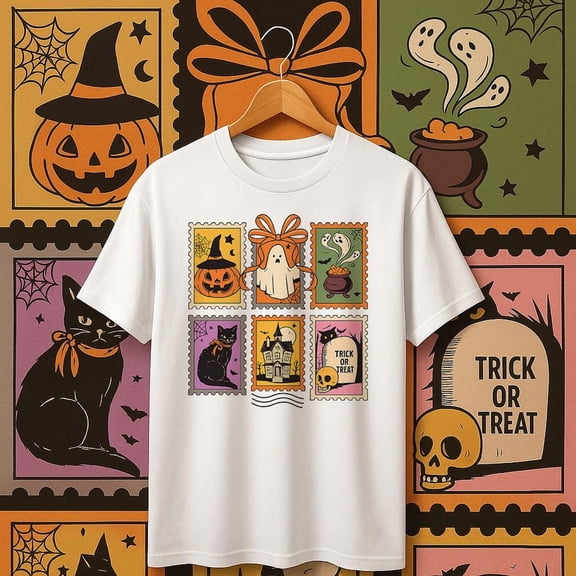 Retro Halloween Cat Ghost T-Shirt, Girly Halloween Tee, Fall Png, Halloween Shirt, Spooky Season Shirt