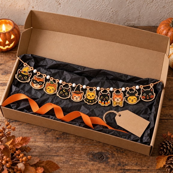 Retro Halloween Cat Heads Ornament Wooden Garland Mantel Party Decor