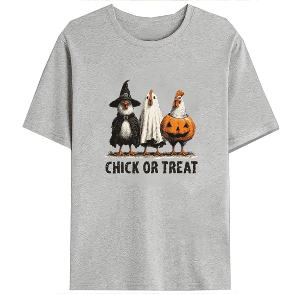 Retro Halloween Chicken Graphic Tees Funny Spooky Chicken Tops Short Sleeve Casual Pumpkin Print Tshirts Cotton Shirts Gray,L