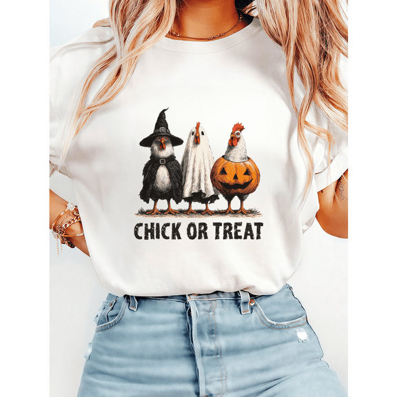 Retro Halloween Chicken Graphic Tees Funny Spooky Chicken Tops Short Sleeve Casual Pumpkin Print Tshirts Cotton Shirts White,M