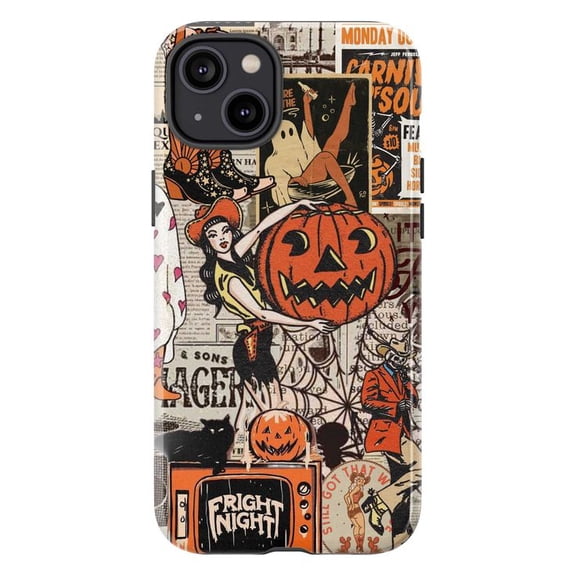 Retro Halloween Cowgirl Phone Case, Vintage Pin-Up Jack-O’-Lantern iPhone Cover, Spooky October Collage Case for iPhone 16 15 14 13 12 11 Pro Plus Max Mini